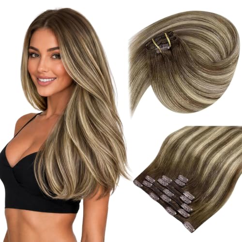 Image of Sunny Hair Clip in Hair Extensions Real Human Hair Brown Blonde 14 Inch | Human Hair Clip in Extensions Balayage, Heat Styling Friendly, Soft Blend, Natural Volume Lightweight for Everyday Wear 105g