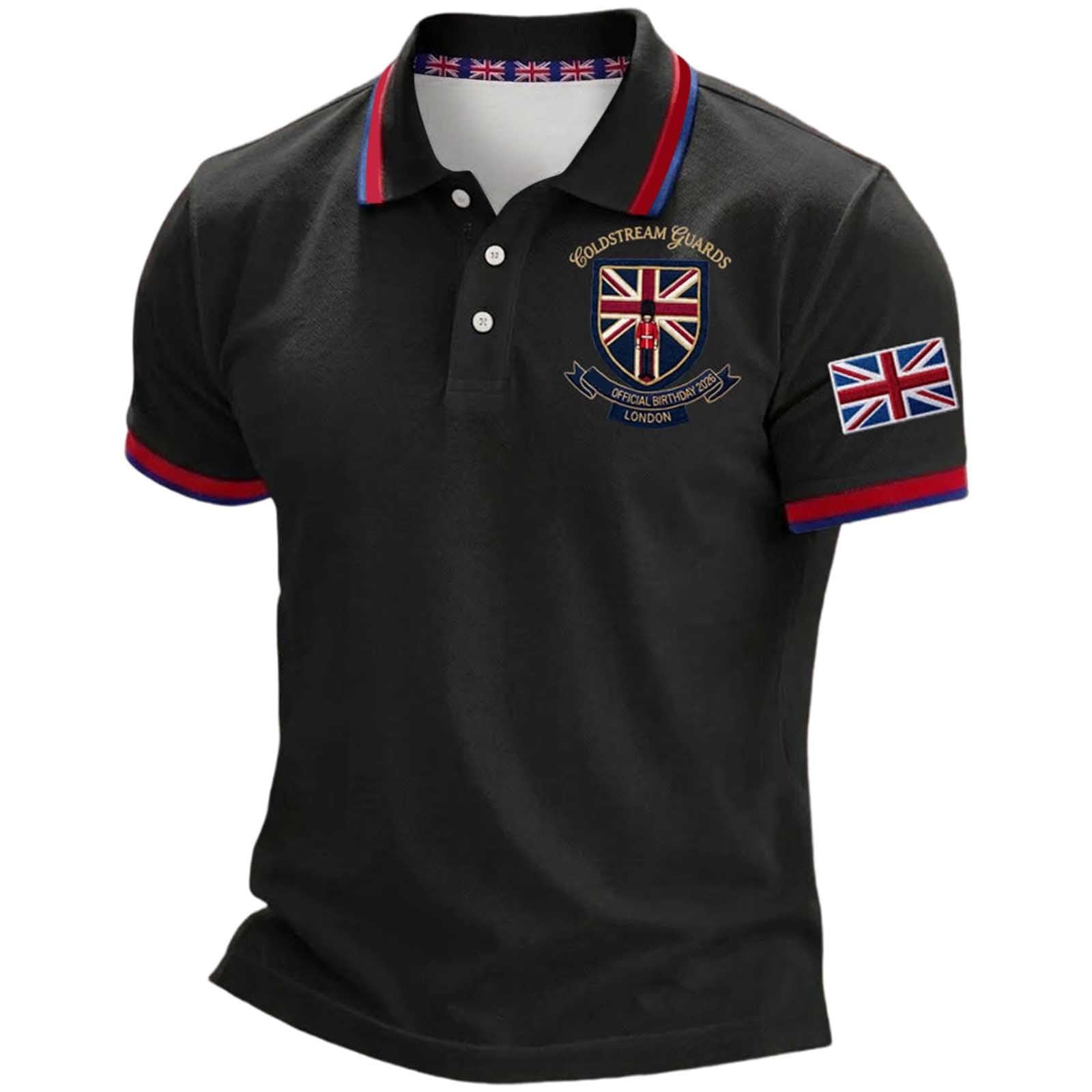 Mens England Polo Shirts Football 2026 Short Sleeve Collared Neck Great Britain Bunting Flags Print Union Jack T Shirt England Football Jersey Tops Breathable Fans Shirts (002-Black, 6XL)