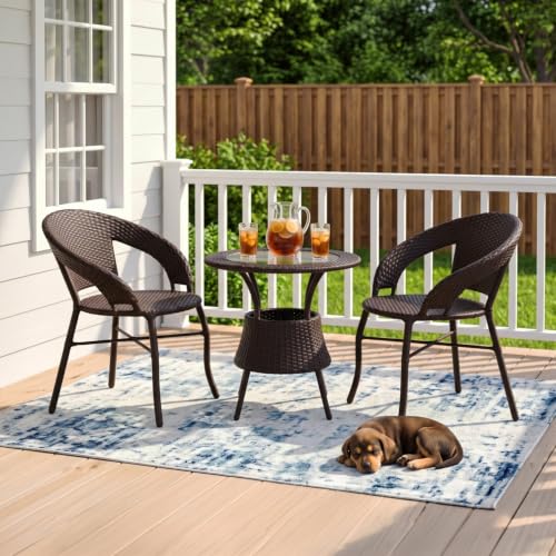 Image of DEVOKO 3 Pieces Patio Furniture Set, Wicker Outdoor Chairs and Coffee Table for Balcony, HDPE Rattan Bistro Table Set for Lawn, Garden, Backyard (Dark Brown)