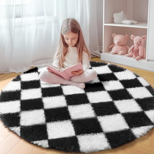 Image of KICMOR Round Rugs 8ft Black and White Circle Area Rug, Fluffy Soft Large Fuzzy Shag Shaggy Bedroom Living Room Carpet, Indoor Checkered Circular Rug for Kids Boys Girls Home Decor Aesthetic, Nursery