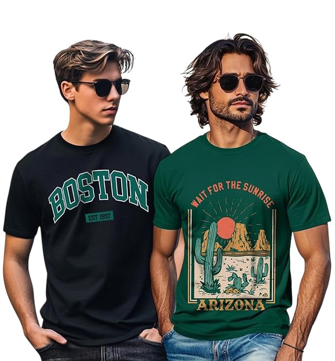 Image of Veirdo 100% Pure Cotton Regular Fit Cool & Trendy Front Printed Half Sleeve T-Shirt Combo for Men (Available Colors: Black, Navy, Swanwhite, White & Green)