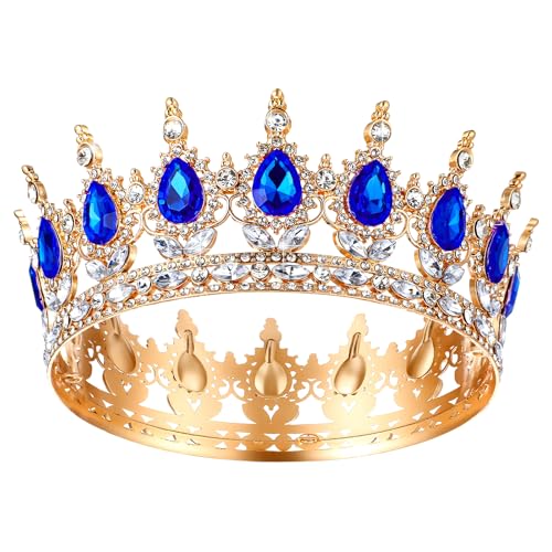 Grevosea Crown for Women, Queen Crown Tiara Rhinestone Birthday Crowns Wedding Bridal Hair Accessories for Princess Party Photo Props (Gold Blue)