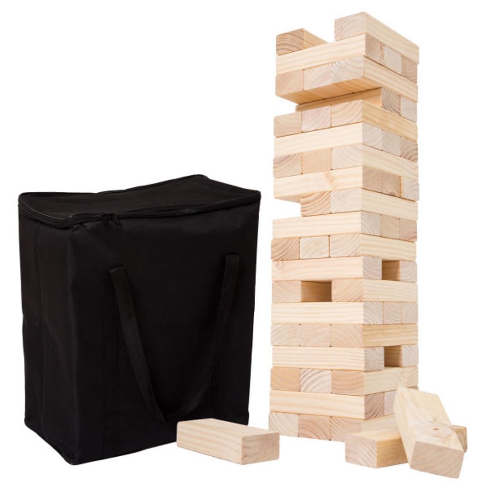 JacJoe Juego De Torre De Madera Gigante - 54 Bloques De Pino Con Dado Y Bolsa De Transporte Impermeable