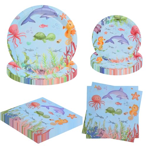 KQDRAVINE 52 Peças pratos de festa sob o mar, pratos de aniversário com 32 pratos de papelão e 20 guardanapos de papel decorados, louça de aniversário para festas infantis praias colégios