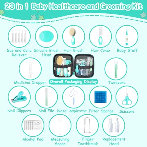 23-in-1-Baby-Healthcare-and-Grooming-Kit-Infant-Safety-Care-Set-Baby-Nursery-Kit-with-Gas-Colic-Passer-Nasal-Aspirator-Nail-Clipper-Hair-Brush-Comb-for-Newborn-Girls-Boys-Green