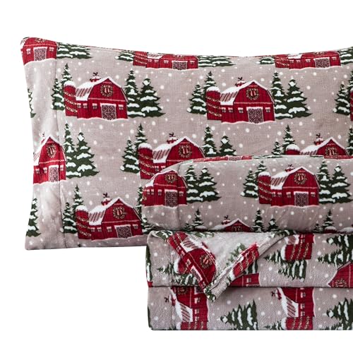 Elegant Comfort Luxuriously Soft 4-Piece Holiday Velvet Plush Flannel Sheet Set - Premium Quality - Cozy Warm, Christmas Fuzzy Velvet Flannel Fleece Deep Pocket Sheet Set - Twin XL, Snowybarn