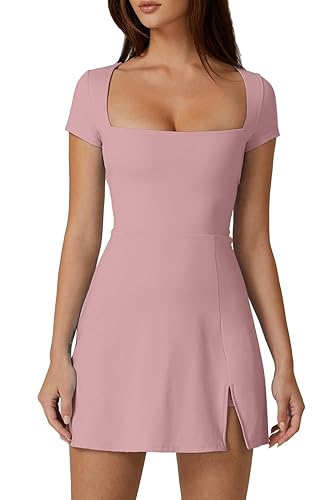 QINSEN Womens Square Neck Tennis Dress Short Sleeve Built in Shorts Golf Athletic Dress with Pockets - Pink - Small