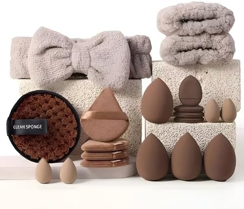 20 Pcs Brown Makeup Sponge & Puff Set | Soft, Lightweight Cosmetic Blenders for Cream, Liquid & Powder Makeup | Includes Plush Bow Headband & Clean Sponge Pad for Easy Maintenance | Perfect for Women Makeup Tools for Smooth (Brown, 20Pcs)