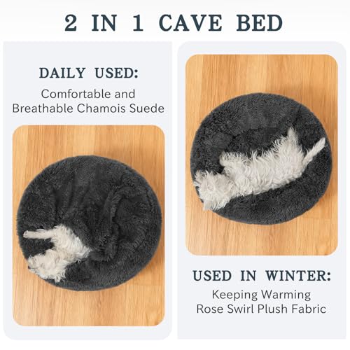 Image of NOYAL Calming Dog Bed for Anxiety, Hooded Donut Cave with Blanket, Plush Fluffy Washable Pet Bed for Small Medium Dogs & Cats