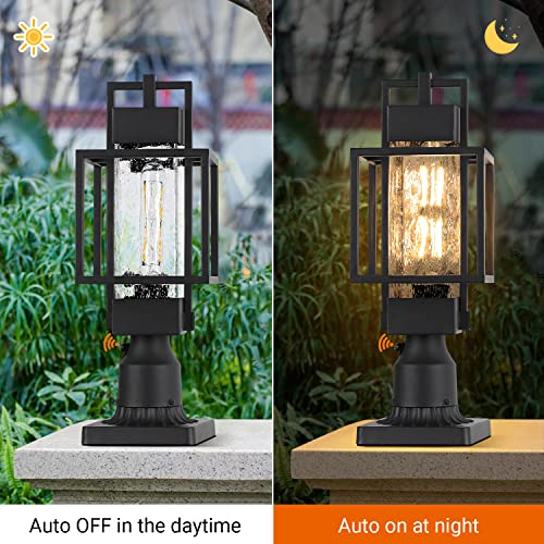 18" H Dusk To Dawn Outdoor Post Light Fixture, Waterproof Aluminum Pole Light With Pier Mount Base, Matte Black Exterior Lamp Post Lantern With Water Seeded Glass For Garden Yard Patio Pathway #TOP3