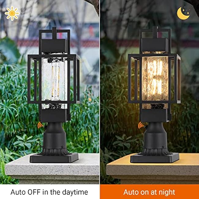 18 H Dusk to Dawn Outdoor Post Light Fixture Hardwired 120V, Waterproof Aluminum Pole Light with Pier Mount Base, Matte Black Exterior Lamp Post Lantern with Water Glass for Garden Yard Patio Path