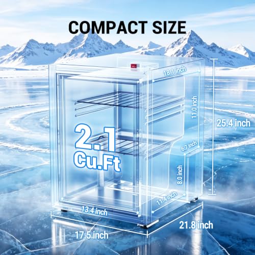 Image of Compact Mini Freezer with LED Light 3-Layer Glass Display Door 2.1 Cu Ft with 2 Removable Shelves Quiet Upright Freezer 7 Temperature Settings Perfect for Liquor and Ice Cream