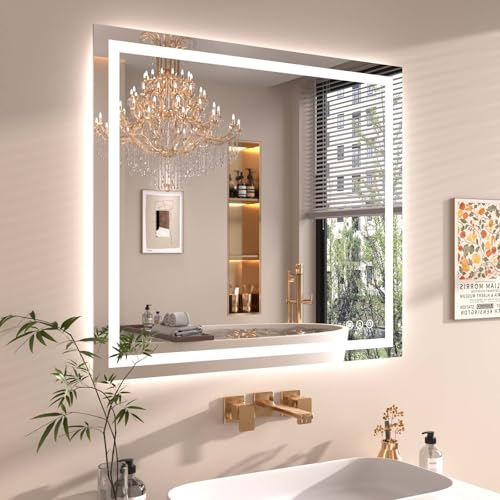 40"X36" LED Bathroom Mirror with Front Lights and Backlit, Anti-Fog, Dimmable, Shatter-Proof Tempered Glass, Lighted Bathroom Vanity Mirror for Wall with 3 Colors, Memory Function