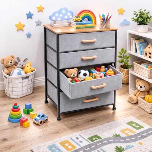 Image of Raawan 4 Layer Drawer Fabric Storage Organizer with Wooden Top and Metal Frame, Modern Dresser Storage Unit for Bedroom, Living Room, Office, Kids Room & Closet, Grey (4 Layer.)