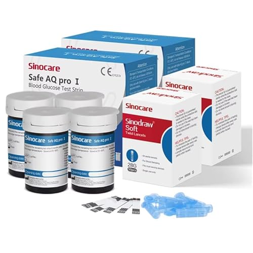 Sinocare strisce glicemia Solo per Glucometro Safe AQ Pro I, Strisce Reattive per la Misurazione della Glicemia Elettrodo d'argento di Precisione Aggiornato, 100 Pcs con 100 Lancettes