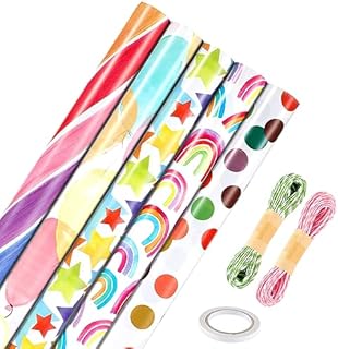 Wrapping Paper, 5 Packs 43 cm x 300 cm Wrapping Paper Birthday Roll Recyclable Rainbow Gift Wrap Paper Colored Stripe Wrapping Paper Mini Paper Rolls for Birthday Wedding Baby Shower