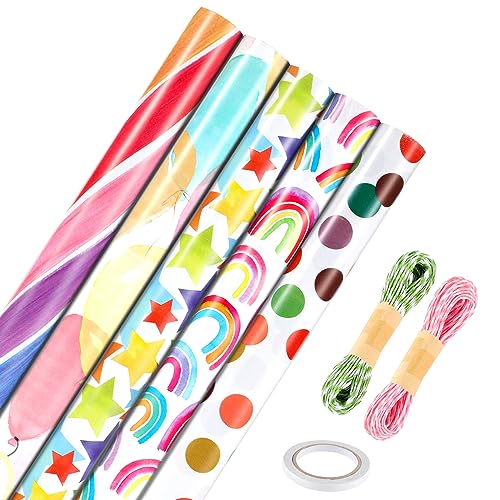 Wrapping Paper, 5 Packs 43 cm x 300 cm Wrapping Paper Birthday Roll Recyclable Rainbow Gift Wrap Paper Colored Stripe Wrapping Paper Mini Paper Rolls for Birthday Wedding Baby Shower