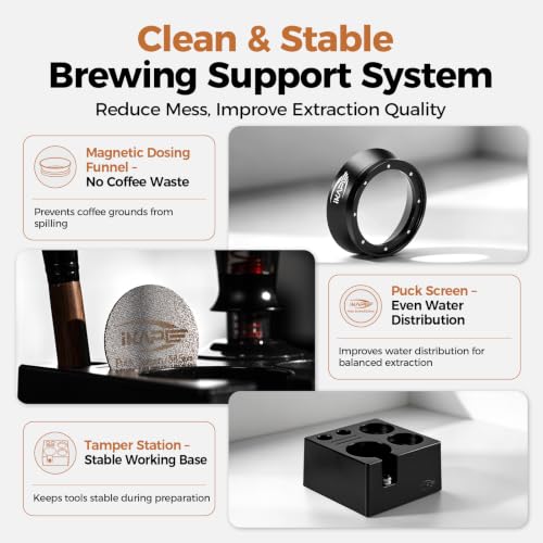 Image of IKAPE 53MM Black Espresso Tool Set 8 IN 1, Coffee Tamper, Distributor, Magnetic Funnel, Puck Screen, Tamper Station, Stirrer Distribution Tool, Cleaning Towel and Brush