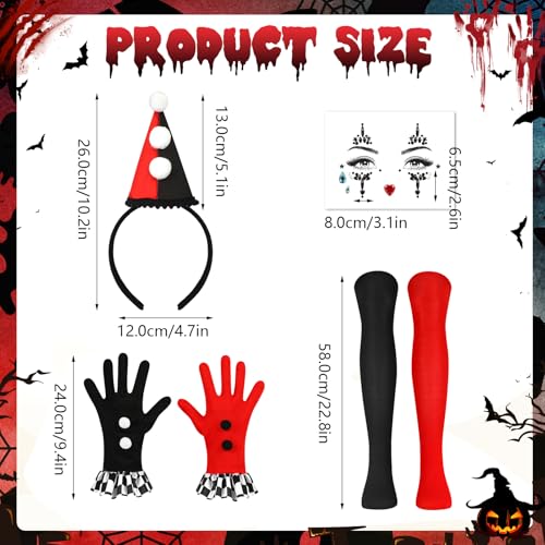 5 PCS Halloween Clown Costume Accessories Women, Clown Hat Headband Gloves Face Gems Harlequin Socks Tutu Skirt - Image 2