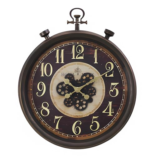 24 Large Vintage Industrial Wall Clock with Moving Gears, Steampunk Battery Operated Oversized Pocket Watch Design, Rustic Farmhouse Decor for Living Room, Office, Bar, Brown Bronze