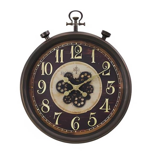 24" Large Vintage Industrial Wall Clock with Moving Gears, Steampunk Battery Operated Oversized Pocket Watch Design, Rustic Farmhouse Decor for Living Room, Office, Bar, Brown Bronze
