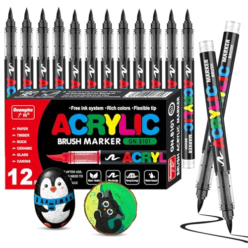 VAKKI Lot de 12 marqueurs de peinture acrylique noirs pour pierre, calligraphie, bois, toile, verre, céramique