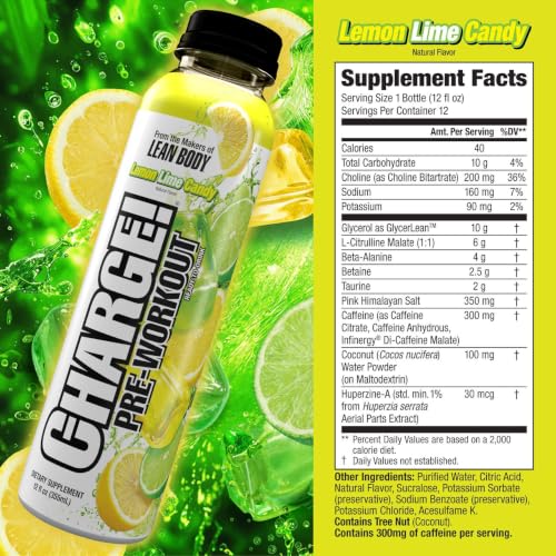 Image of LABRADA Charge Pre Workout Lemon Lime Candy RTD Drink - Pump, Energy, Endurance Formula with 10g Glycerol, 6g L-Citrulline Malate, 4g Beta Alanine, Caffeine Blend, + Complete Hydration Support, 12 Serving