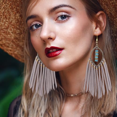 Long Bohemian Fringe Leather Earrrings Handmade Tassel Earrings with Turquoise Christmas Long Dangle Earrings for Women rodeo jewelry4