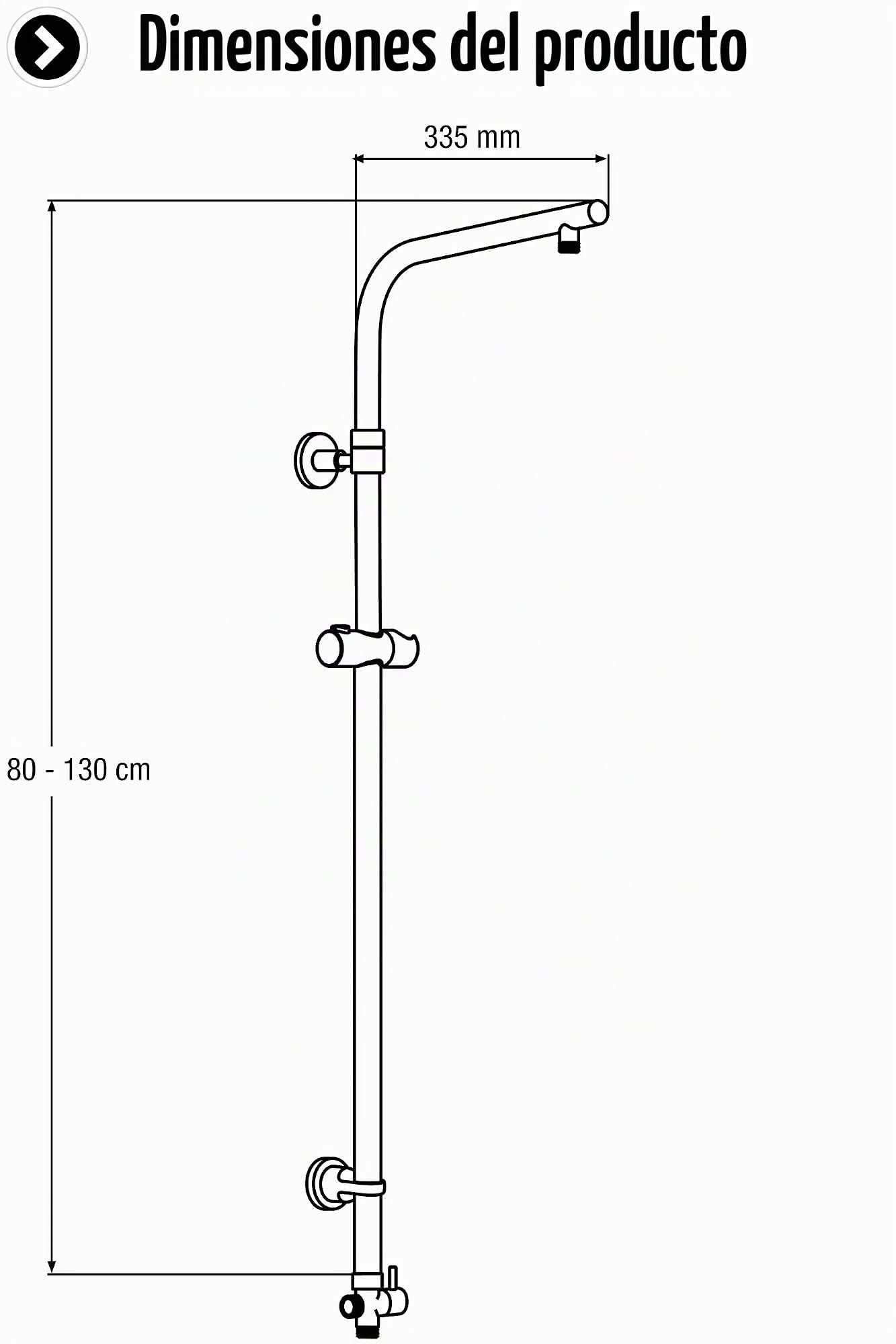 Cornat Tubo ascendente "Square Vario" – 80 – 130 cm – Altura ajustable – Forma rectangular – Con interruptor y soporte de ducha – Fijación variable de pared/Barra de ducha para alcachofa/Brazo de