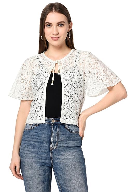 Angelina & Co Women's Butterfly Sleeve Lace Shrug, Cotton Blend, Tie-Up Front, Black and White-image-11