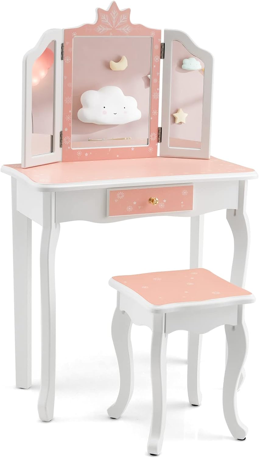 MAT EXPERT Kids Vanity, Snowflake Themed Toddler Vanity with Tri-Folding Mirror, Storage Drawer, Pretend Play Princess Makeup Dressing Table, Wooden Girls Vanity Set with Mirror and Stool (Pink)