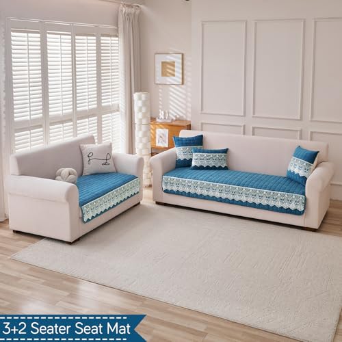 Image of HOKIPO 'BelleLace Series' 5 Seater Sofa Cover Mat in 3+2 Seater Combination | Imperial Milk Velvet with Anti Slip Backing, Celadon Blue (AR-5966+5964-BL)