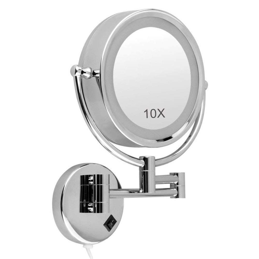SaryEdge 8.5'' Bathroom Mirror Wall Mounted, LED Illuminated Make Up Mirror 10X Magnifying, Two Swivel Surface Round Extendable and Chrome Finished, 360° Free Rotation Shaving Mir,