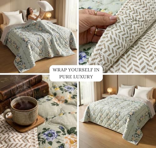 Image of HOMEKART Ultrasonic Quilted AC Comforter 220 GSM (1500g) Premium Microfiber Reversible All-Season Blanket for Double Bed|Ultra Soft, & Lightweight, Quilt /Duvet | Comforter (Light Green, 225CMx220CM)