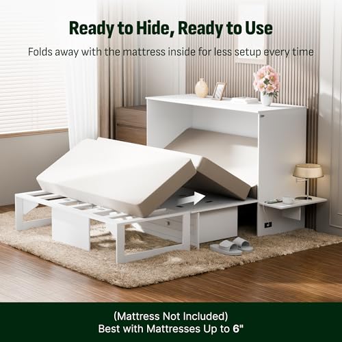 Image of Softa Queen Murphy Bed Cabinet with Storage Drawer & Charging Station, 1200 LBS Capacity Wood Wall Bed with Fold-Down Desk for Guest Room & Home Office, No Box Spring Needed
