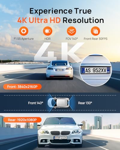 70mai A800SE Dash Cam Car Front Rear 4K UHD+1080P with GPS WiFi, Dual Car Camera with 128GB SD Card, F1.55 Aperture HDR, Night Vision, ADAS, 3 "IPS, 24/7 Parking Monitoring, Supports 512 GB Max