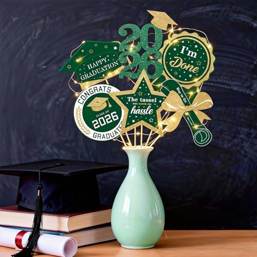 Image of kockuu Glitter Green Gold Graduation Decorations for Class of 2026-30pcs Green Gold Double Sided Graduation Table Centerpieces Sticks with LED String Lights for College High School Grad Party Decor