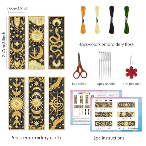 Image of INFUNLY 6 Set Sun Moon Cross Stitch Bookmark Kit for Beginners Star DIY Cross Stitch Kits 8.54 inchx2.99 inch Pre-Printed Snake Stamped Embroidery Bookmark Kit with Instruction for Book Lovers Reader