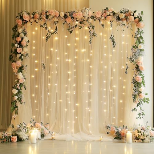 Tulle Backdrop Curtain with Lights String 10FT X 8FT Champagne Sh...