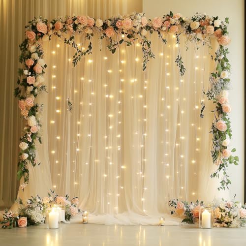 Xiomot Tulle Backdrop Curtain with Lights String 10FT X 8FT Champagne Sheer Tulle Backdrop Curtains for Wedding Birthday Party Reception Photo Booth Background Decorations (2 Panels 5x8FT)