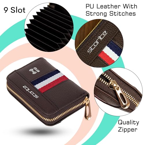 Image of Storite PU Leather 9 Slots RFID Blocking Credit Debit Card Holder Wallet Money Zipper Coin Purse for Men & Women (Brown Tricolor Strip)