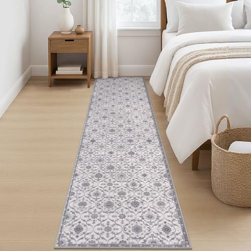 KILOCOCO 2x8 Runner Rug, Moroccan Super Soft Washable Hallway Entryway Runner Rug, Accent Print Faux Wool Kitchen Runner Rug 8 Feet Non-Slip Boho Rug Runner for Laundry Room Bedroom, Grey