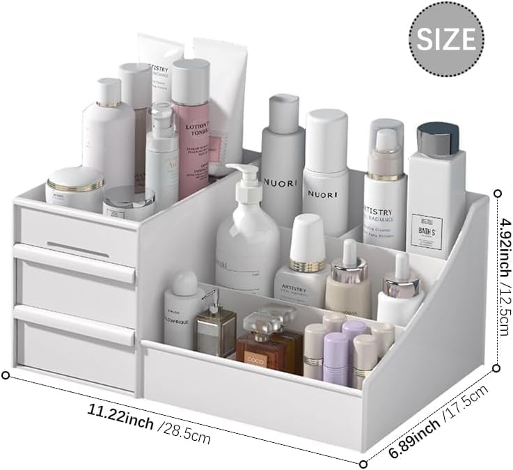 Image of Makeup Organizer with Drawers Vanity Storage Box, Versatile Plastic Makeup Organizer, Perfect for Home and Office Use For Countertop Cosmetics Display Case Holder (WHITE)