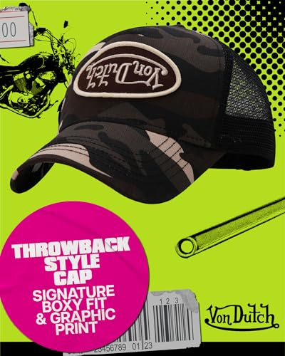 Image of Von Dutch Monogram Trucker Cap - Retro Snapback Cap for Men and Women - Adjustable Snap Fit Panel, Mesh Rear, Curved Bill