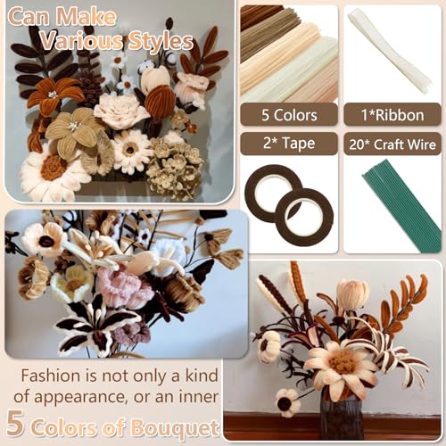 Image of 400 Pcs Pipe Cleaners Craft,5 Assorted Colors Pipe Cleaners Bulk | Chenille Stems for DIY Flower Making Kit with Floral Wires, Gardening Tape,Stamen& Ribbon (Brown)