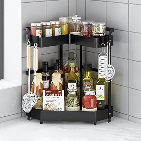 BTGGG Spice Rack Organiser for Countertop Corner, 2 Tier Spices Organizers and Storage with 4 Hooks & 6 Foot pads Space Saving Heighten Layer Spice Rack Free Standing for High Spice Bottles and Jars Cover