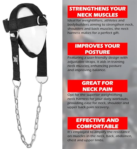 QTF Adjustable Head Harness Dipping Neck Builder with D-Hook Attachment Thick Neoprene Padded Chin & Head Straps Neck Exerciser for Neck Workout Head Harness for Weight Lifting (Black)