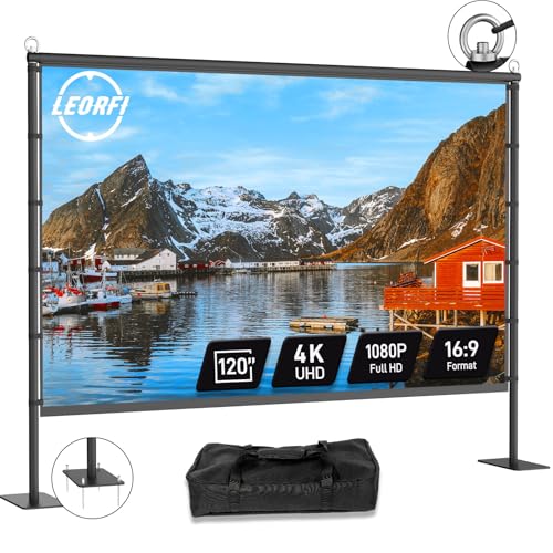 Pantalla de Proyección Exterior con Soporte LEORFI 120 Pulgadas Portátil - Soporte Ultraestable, Tela HD 4K 16:9 Sin Arrugas - Proyección Frontal/Traslúcida - Incluye Bolsa de Transporte para Cine