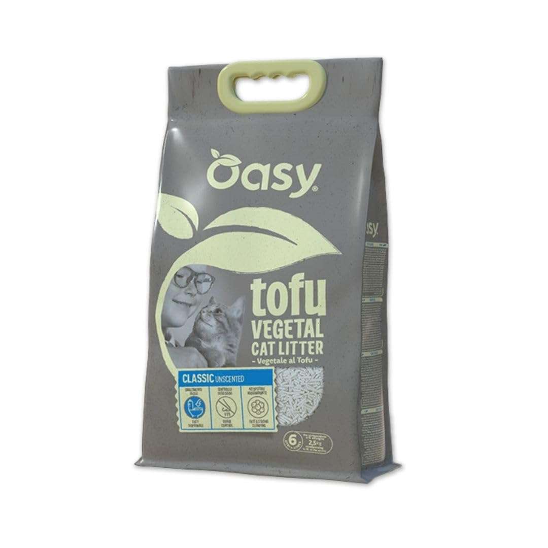 Litière pour chat végétale Oasy, litière en tofu végétal pour chats de tous âges et races, élimination facile, contrôle des odeurs, haut pouvoir agglomérant | 1 lot de 6 litres.