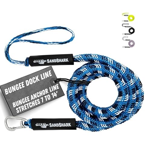 SandShark Premium Anchor Bungee Dock Line. Boat Accessories Anchor Line Absorbs Shock to Anchors and Docks w/Stainless Steel Clip - Blue - 7-14ft Cover
